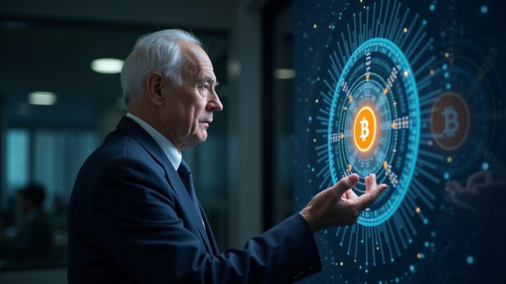 Retrato de un inversionista mayor en traje, símbolo de Bitcoin y un registro de blockchain con holograma cuántico.