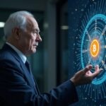 Retrato de un inversionista mayor en traje, símbolo de Bitcoin y un registro de blockchain con holograma cuántico.