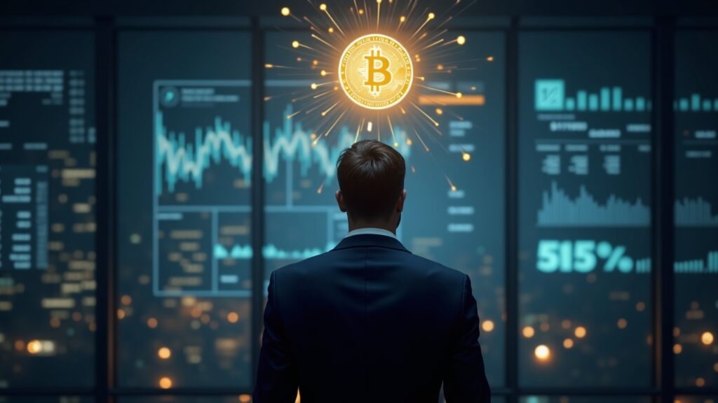Banquero en traje frente a un balance cripto flotante con el 1250% de riesgo Basel.