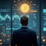 Banquero en traje frente a un balance cripto flotante con el 1250% de riesgo Basel.