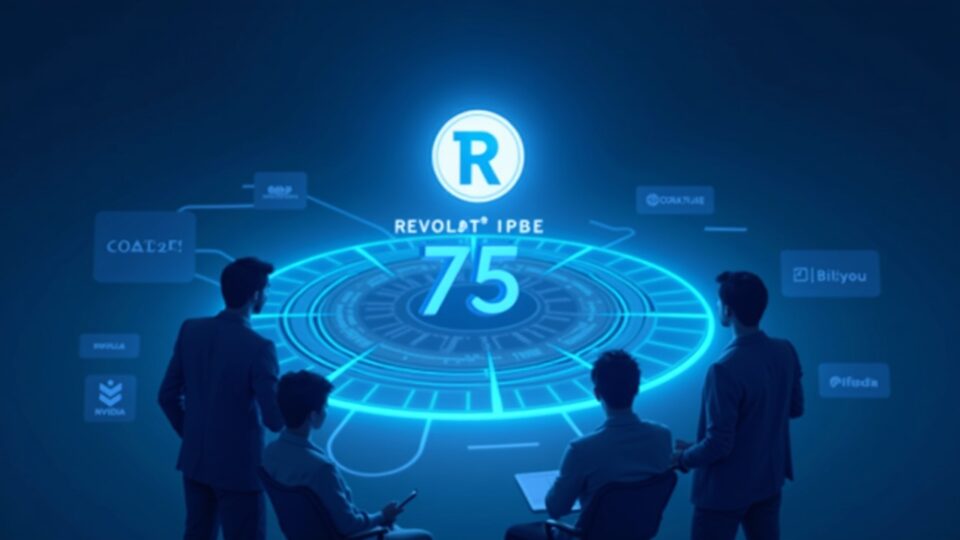 Revolut app icon above a glowing ledger showing 75B valuation with Coatue, NVIDIA, Fidelity logos.