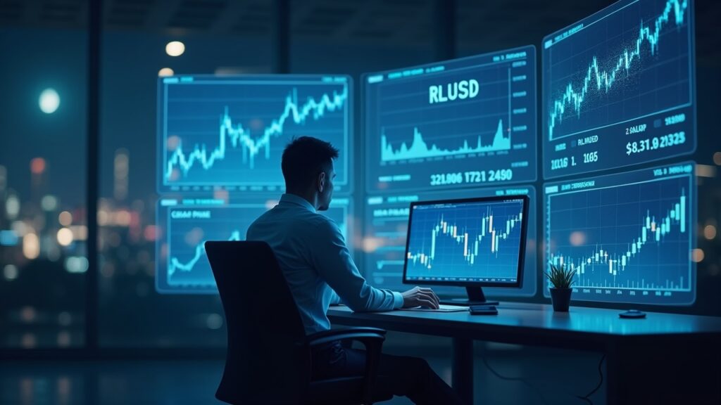 Trader senior en oficina moderna con pantallas holográficas de XRP, RLUSD y trading spot, mostrando cross-margining.