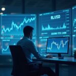 Trader senior en oficina moderna con pantallas holográficas de XRP, RLUSD y trading spot, mostrando cross-margining.