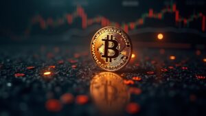 Encabezado fotorealista con logo de Bitcoin centrado, tickers de ETF difuminados y gráficos de precios, fondo en tono dólar.
