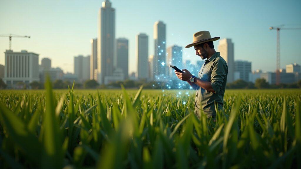 Agricultor brasileño en un campo usa una tableta con nodos holográficos de blockchain y el horizonte de la ciudad, tema de micropréstamos fintech.