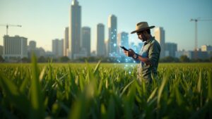 Agricultor brasileño en un campo usa una tableta con nodos holográficos de blockchain y el horizonte de la ciudad, tema de micropréstamos fintech.