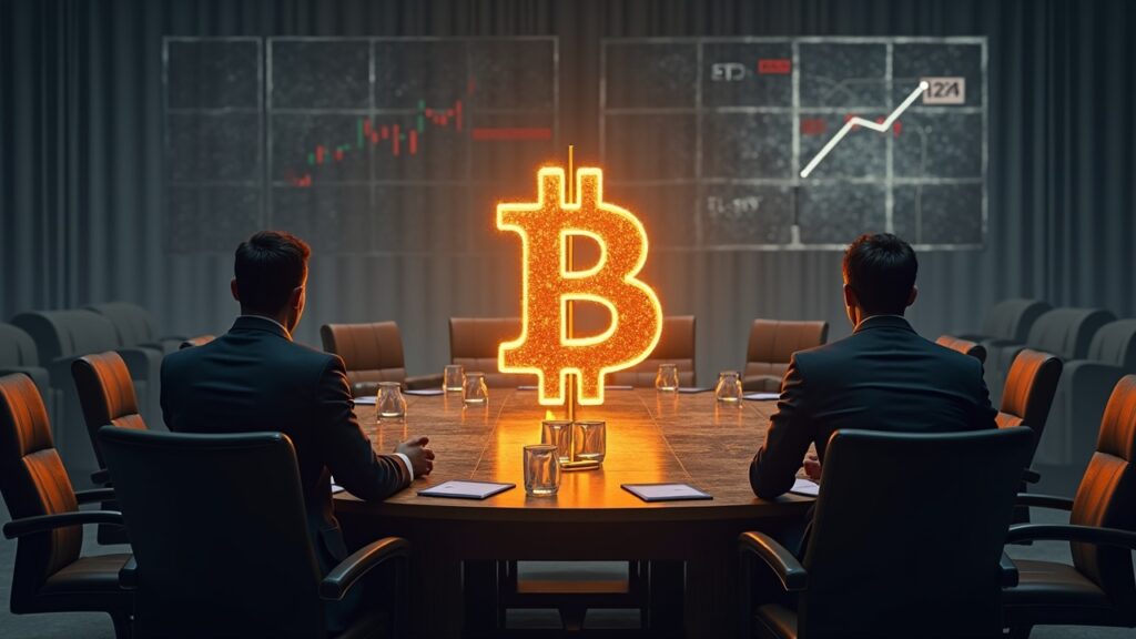 Logotipo de Bitcoin sobre una mesa directiva, un ejecutivo cauteloso, ETFs desvaneciéndose hacia una señal lejana del S&P 500.
