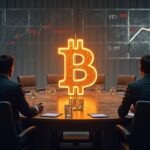 Logotipo de Bitcoin sobre una mesa directiva, un ejecutivo cauteloso, ETFs desvaneciéndose hacia una señal lejana del S&P 500.