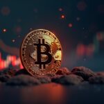 Encabezado fotorealista: Bitcoin sobre gráfico descendente con death cross; señales bajistas para noviembre de 2025.