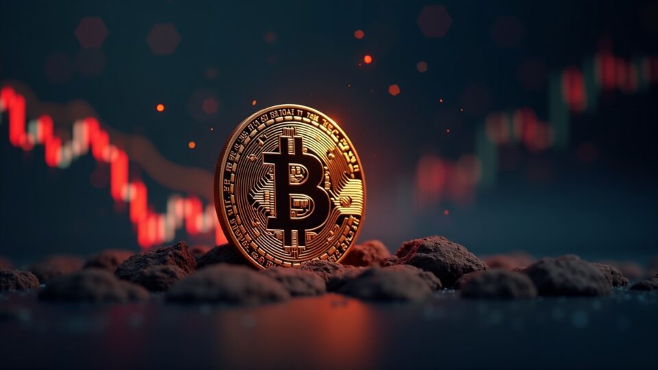 Encabezado fotorealista: Bitcoin sobre gráfico descendente con death cross; señales bajistas para noviembre de 2025.