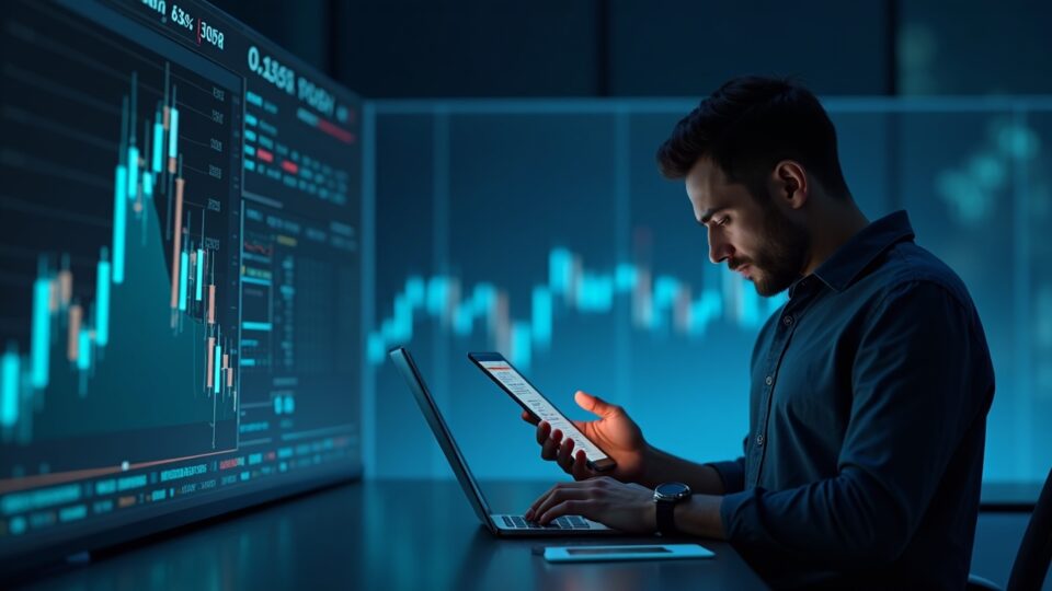 Analista de mercado observa gráfico de Bitcoin con SOPR y datos on-chain, nodos en el fondo.