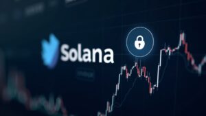 Logo de Solana en primer plano con un gráfico de precios espiral y un icono de desbloqueo, estilo noticia de alto contraste.