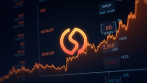 Logo de Solana sobre un panel luminoso con tickers ETF y un gráfico alcista hacia 300.