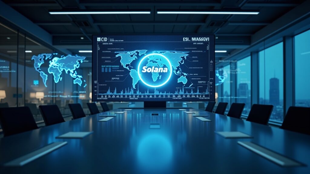 Sala de juntas con logo de Solana y gráficos holográficos de flujos de ETF al alza; traders institucionales.