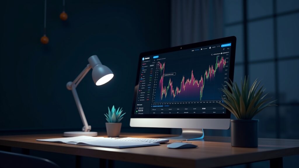 mesa de trading realista centrada en solana: monitor con pequeña salida, papeles regulatorios y símbolo de staking.