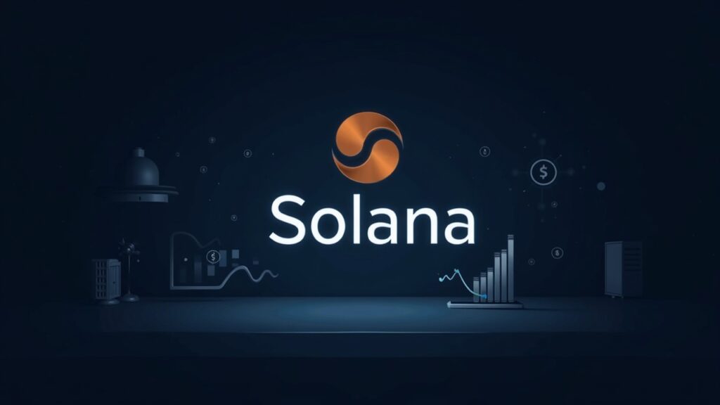 Solana logo sobre un escritorio de trading elegante, con gráficos en alza y iconos de staking, para ETFs de rendimiento institucional.
