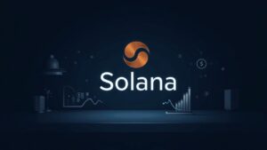 Solana logo sobre un escritorio de trading elegante, con gráficos en alza y iconos de staking, para ETFs de rendimiento institucional.