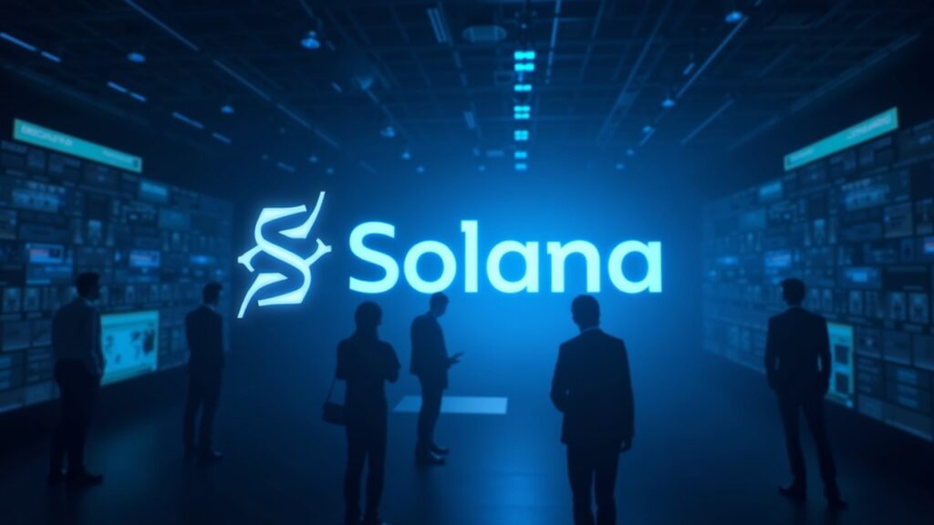 Encabezado fotorrealista: Solana en el centro, flujos institucionales y métricas on-chain vs holders escépticos, fondo azul.