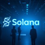 Encabezado fotorrealista: Solana en el centro, flujos institucionales y métricas on-chain vs holders escépticos, fondo azul.
