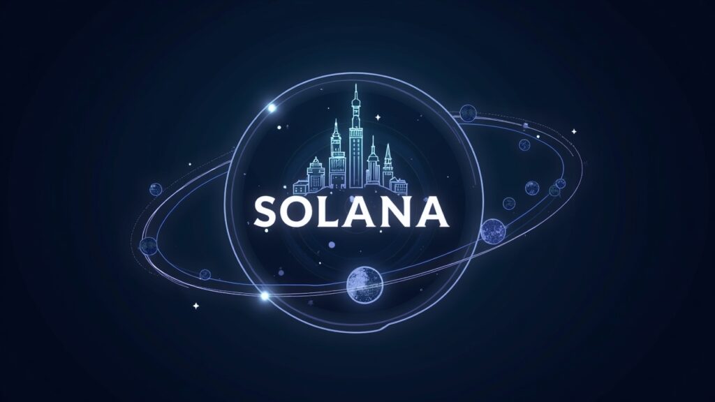 Solana central con logo, skyline de Nasdaq y íconos de staking y tokenización orbitando hacia un gráfico alcista.