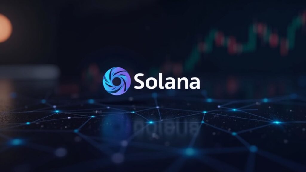 Logo realista de Solana en una mesa de trading, gráfico de precios con rebote, red descentralizada y guiño a Firedancer.