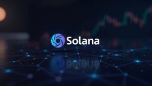 Logo realista de Solana en una mesa de trading, gráfico de precios con rebote, red descentralizada y guiño a Firedancer.