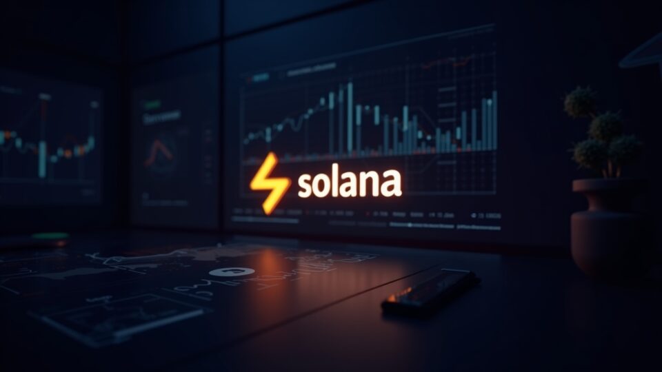 escena realista de Solana con logo luminoso en mesa de trading, gráficos de flujos institucionales y red descentralizada