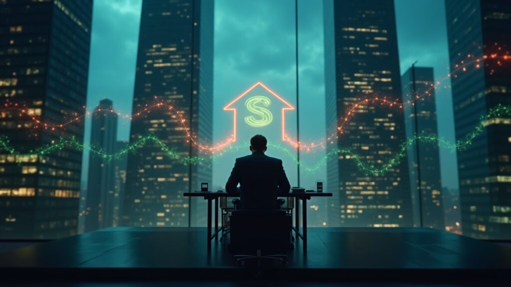 Foto realista de un trader frente a un escritorio elegante, torres de vidrio al fondo, flechas verdes y rojas que apuntan a un símbolo de Solana con gráficos.