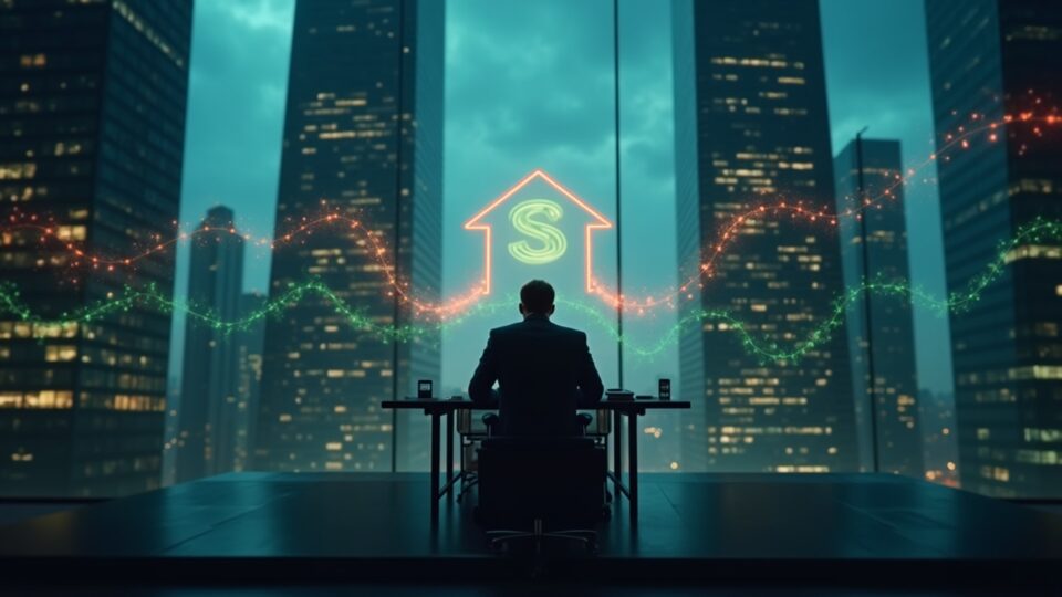 Foto realista de un trader frente a un escritorio elegante, torres de vidrio al fondo, flechas verdes y rojas que apuntan a un símbolo de Solana con gráficos.