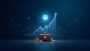 Solana sobre gráfico alcista, maletín de tesorería y tokens digitales orbitando, iluminación azul tipo newsroom