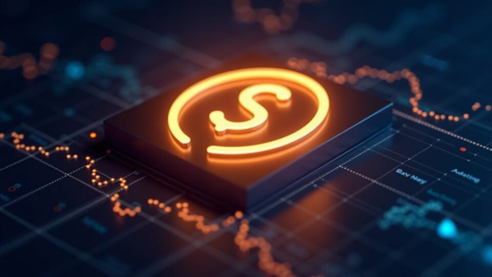 Escena de trading fotorealista con el logo SOL de Solana ascendiendo, rodeado de gráficos fintech