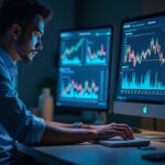 photorealistic trader at a desk with a solana logo and holographic on-chain charts; high on-chain activity but flat sol price