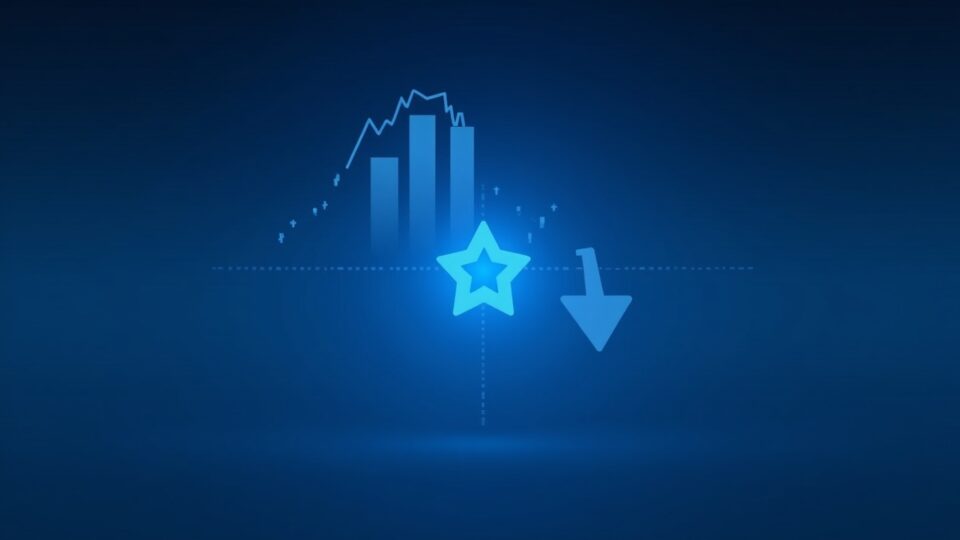 Newsroom header showing a sharp downward price chart with rising volume and a Stellar-inspired star motif in cool blue tones.