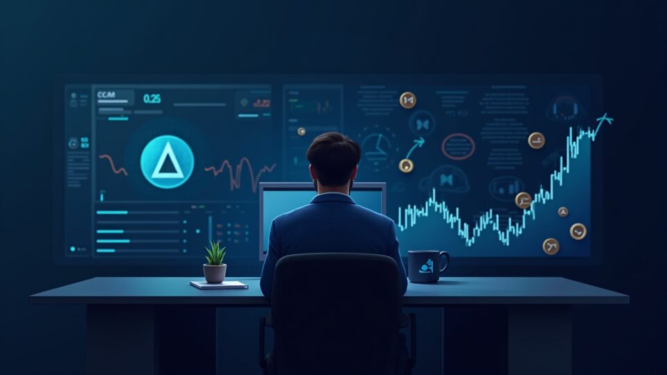 Mesa de noticias realista con un trader central, logo de Stellar y un gráfico que marca 0,25. Iconos de Stellar Core.
