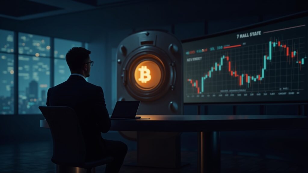 Ejecutivo en newsroom moderno, bóveda de Bitcoin iluminada y gráfico de índices en movimiento.