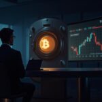 Ejecutivo en newsroom moderno, bóveda de Bitcoin iluminada y gráfico de índices en movimiento.