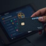 Tarjeta SHIB en un POS deslizándose, logo SHIB enfocado, fondo con rejilla blockchain e interfaz de billetera.