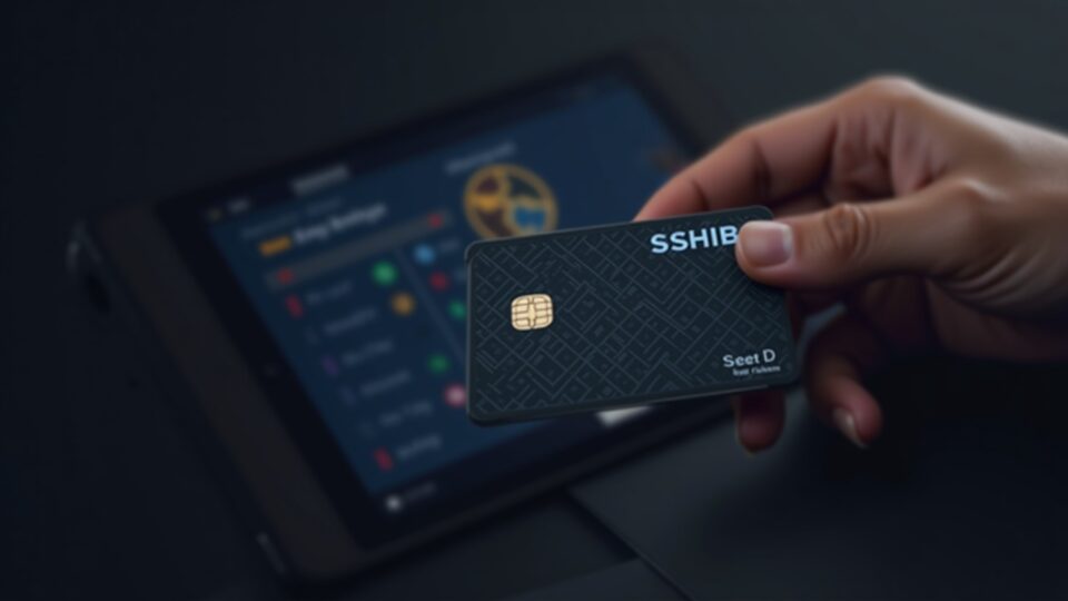 Tarjeta SHIB en un POS deslizándose, logo SHIB enfocado, fondo con rejilla blockchain e interfaz de billetera.