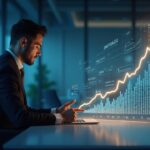 Ejecutivo de tesorería corporativa en una oficina moderna, con gráficos holográficos de Bitcoin (BTC) y una gráfica ascendente.
