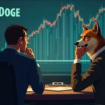 CFO preocupado en sala de juntas ante gráfico descendente de DOGE y silueta de balance con tesorería cripto erosionada.