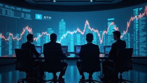 Sala de juntas moderna con tres ejecutivos frente a una consola; pantalla muestra ETH y BTC al alza, simbolizando tesorerías cripto corporativas.