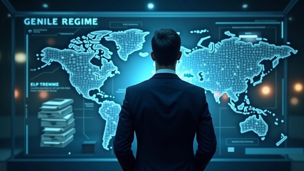 tesorero corporativo ante pantalla holográfica con bonos del Tesoro y efectivo, reservas de stablecoins GENIUS
