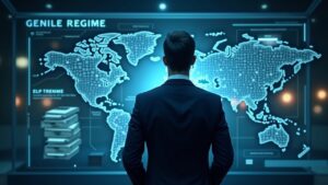 tesorero corporativo ante pantalla holográfica con bonos del Tesoro y efectivo, reservas de stablecoins GENIUS