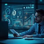 Ejecutivo financiero revisa un balance holográfico con treasuries, oro, Bitcoin y USDT, frente a un fondo de neón blockchain
