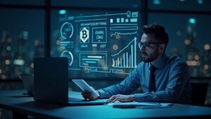 Ejecutivo financiero revisa un balance holográfico con treasuries, oro, Bitcoin y USDT, frente a un fondo de neón blockchain