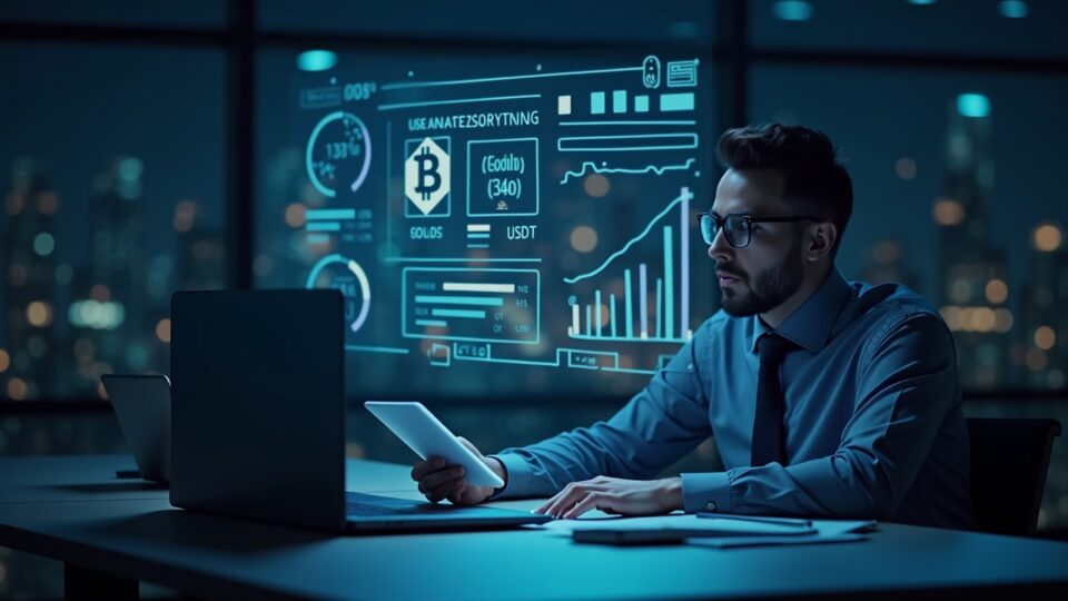 Ejecutivo financiero revisa un balance holográfico con treasuries, oro, Bitcoin y USDT, frente a un fondo de neón blockchain