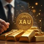 Ejecutivo junto a barras de oro, token holográfico XAU₮ y nodos de blockchain con ticker cercano a 4100, branding Tether-HSBC.
