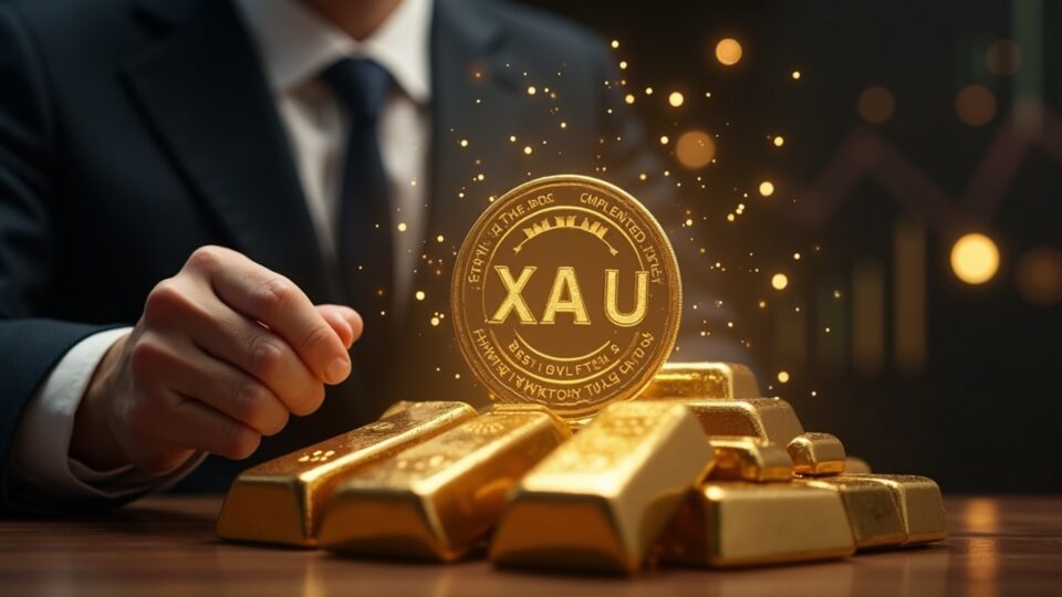 Ejecutivo junto a barras de oro, token holográfico XAU₮ y nodos de blockchain con ticker cercano a 4100, branding Tether-HSBC.