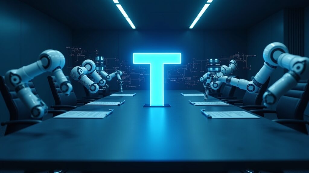 Logo de Tether con brazos robóticos y flujos de IA en sala de juntas, mostrando un acuerdo robótico de 1.000 millones.