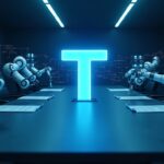 Logo de Tether con brazos robóticos y flujos de IA en sala de juntas, mostrando un acuerdo robótico de 1.000 millones.